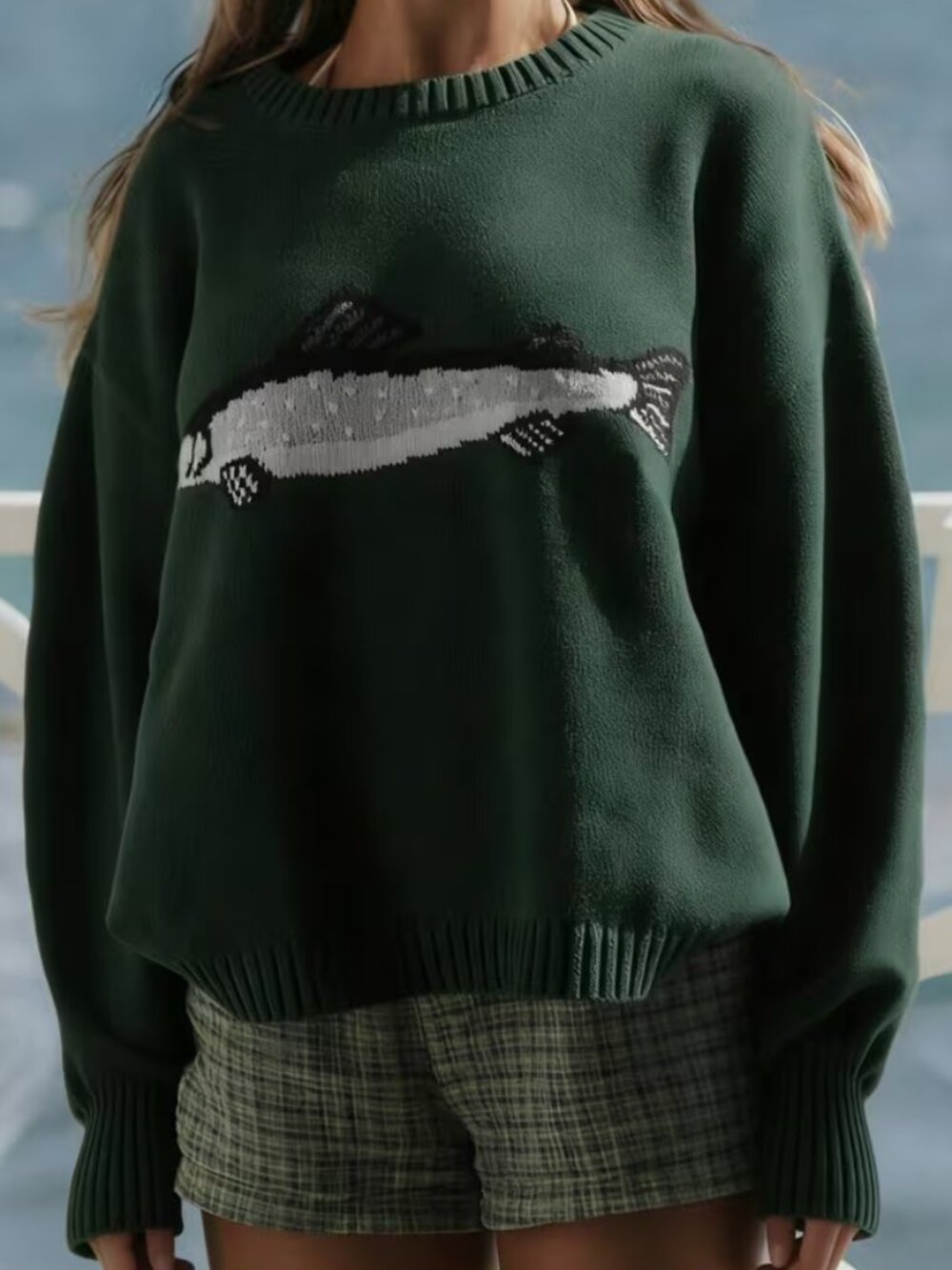 Dark Green Fish Jacquard Crew Neck Sweater TEMPORARILY UNAVAILABLE DO NOT PURCHA